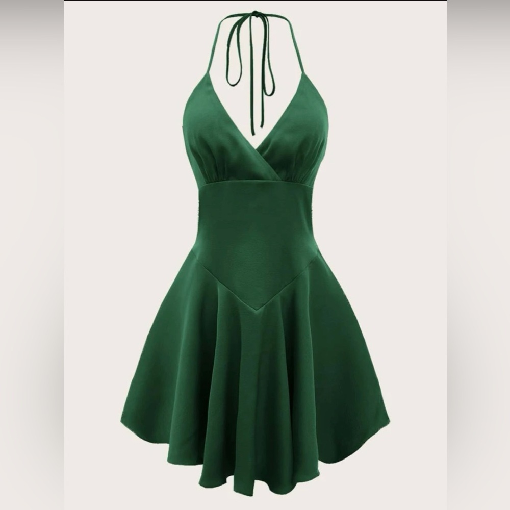 SHEIN Privé Lace Up Backless Flare Hem Halter Dress, Dark Green, M